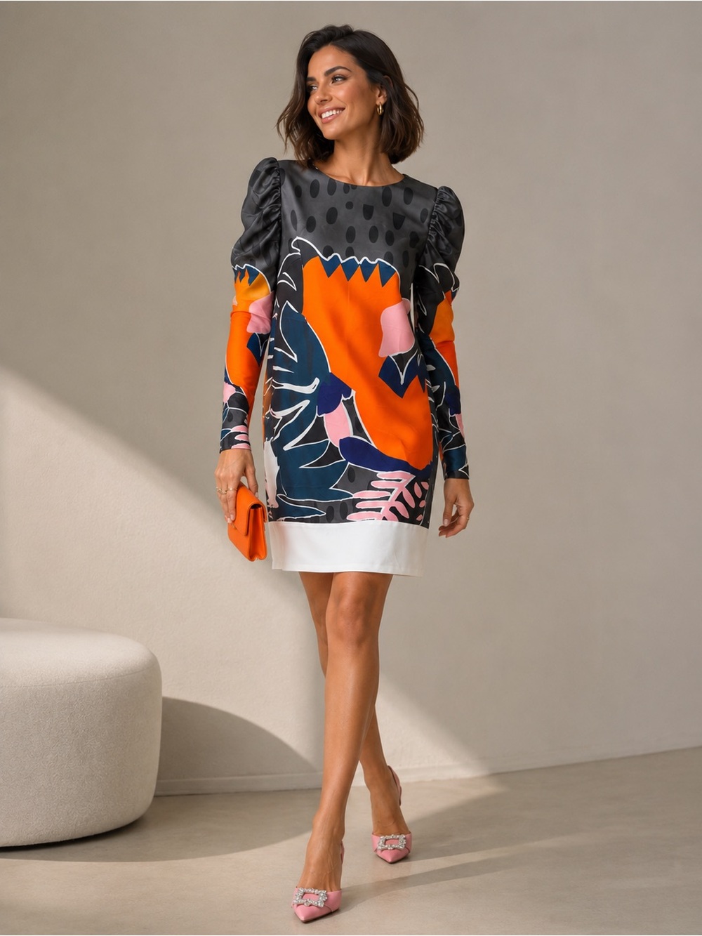 DAVIDA Abstract Mod Floral Puff Sleeve Shift Art To Wear Statement Polished Rare
